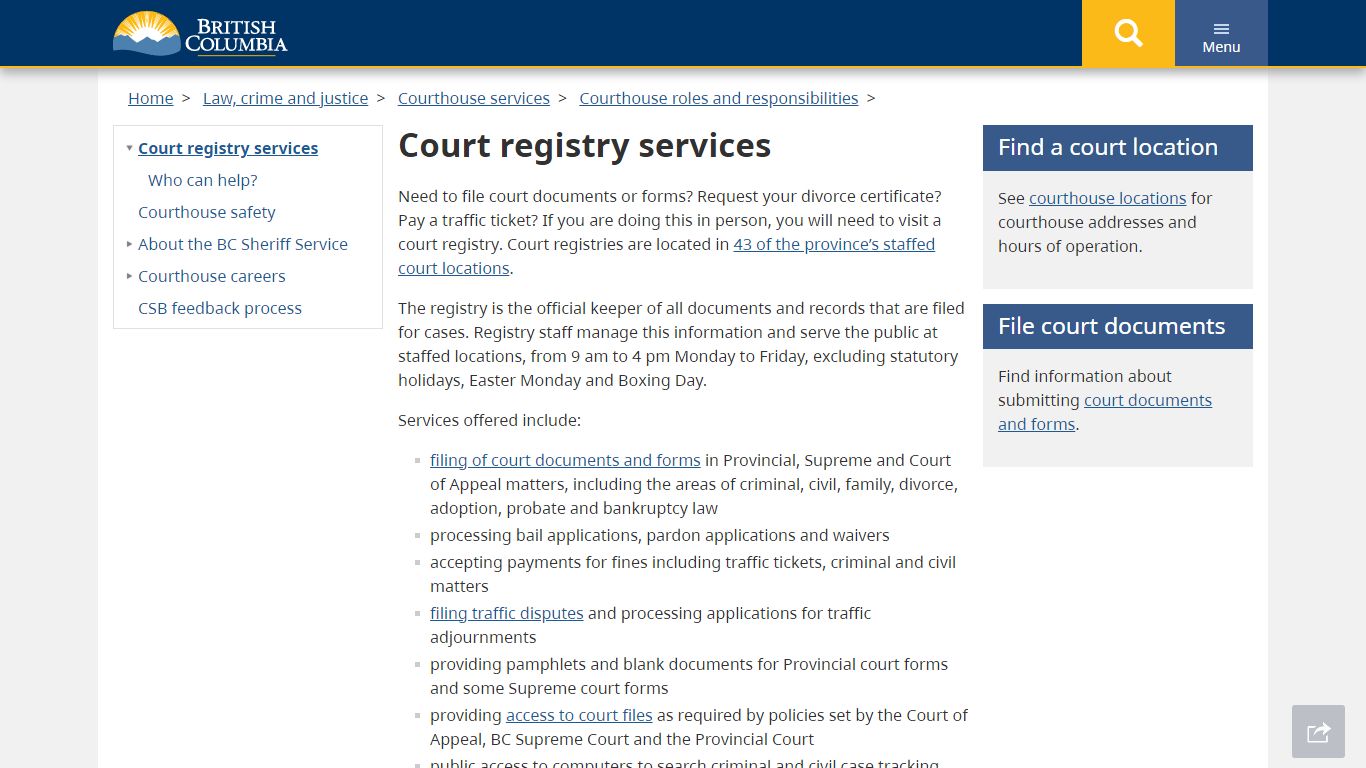 Court registry services - Province of British Columbia